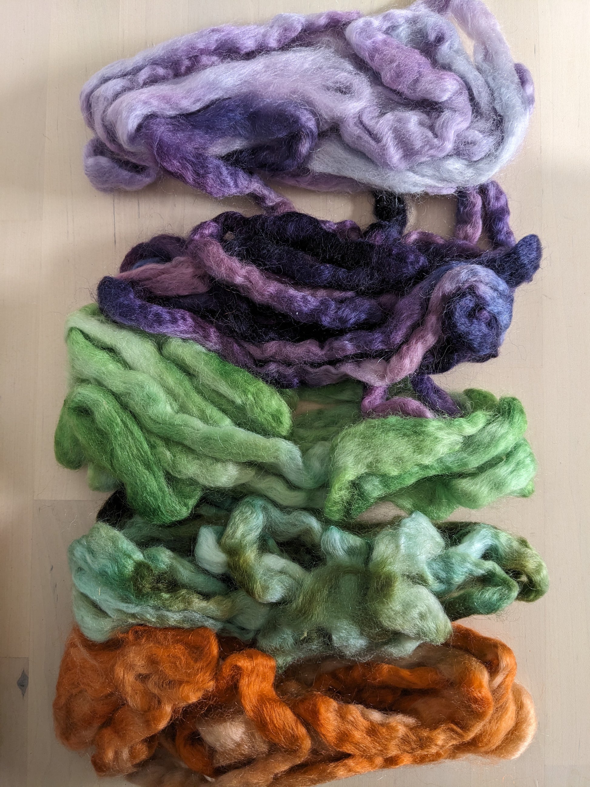 kid mohair/wool combed top, set of 5, jacaranda